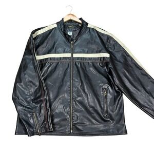 Vintage Cafe Racer Jacket Men XL Black Stripes Biker Zip Faux Leather PX Genuine